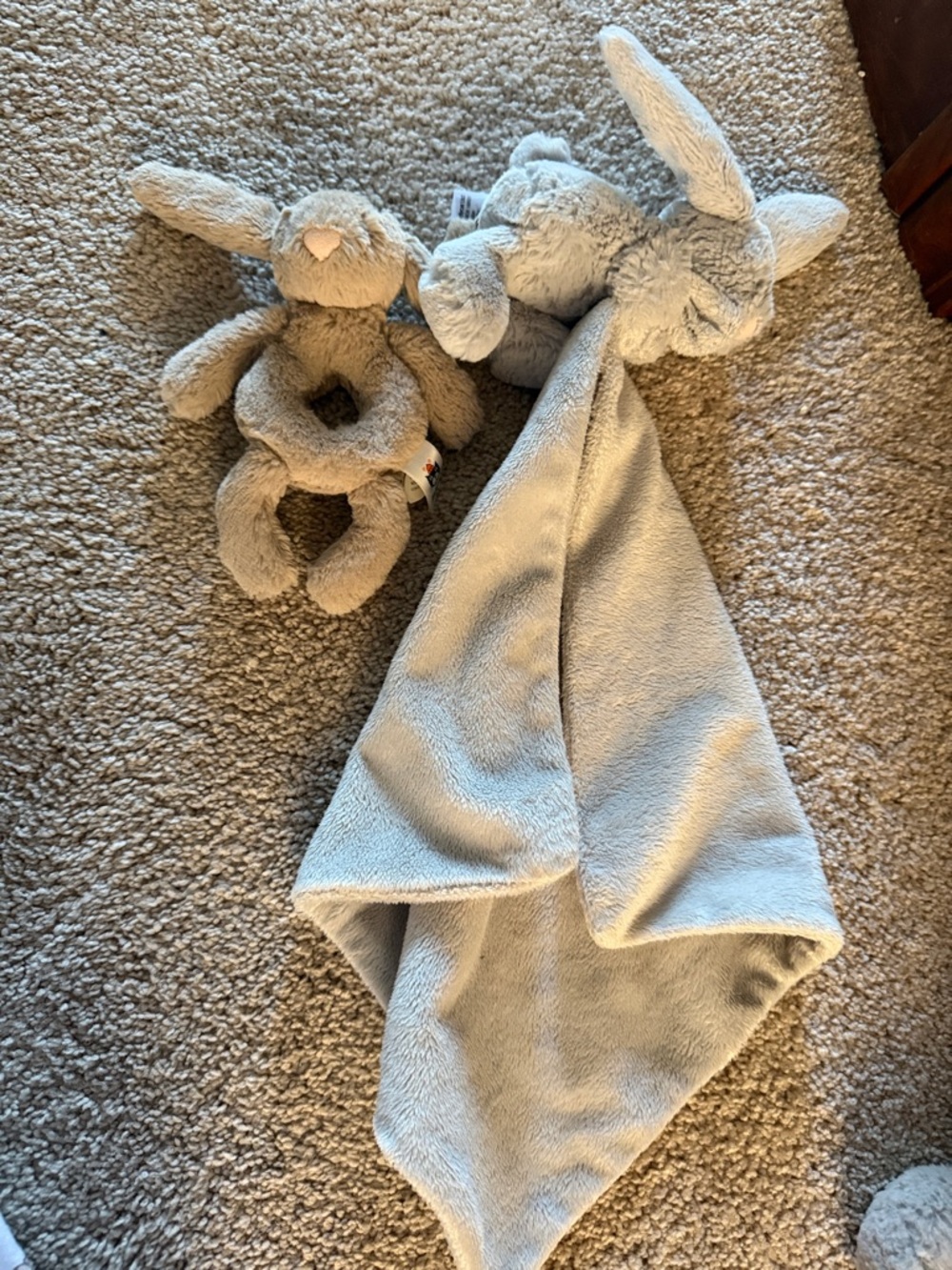 Jellycat Baby Bundle!!! Plush Bunny Security Blanket and Rattle Set - grey/brown